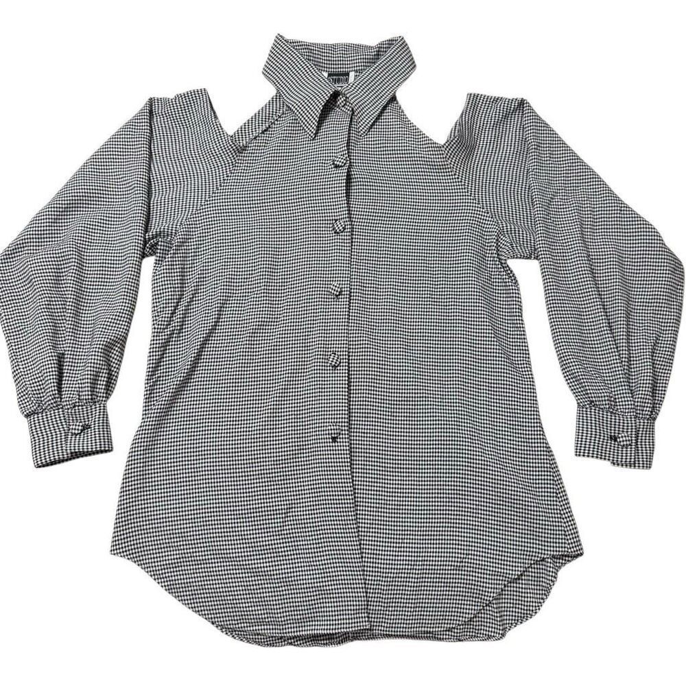 Vintage 80s Black & White Gingham Cold Shoulder Button Down Shirt L
